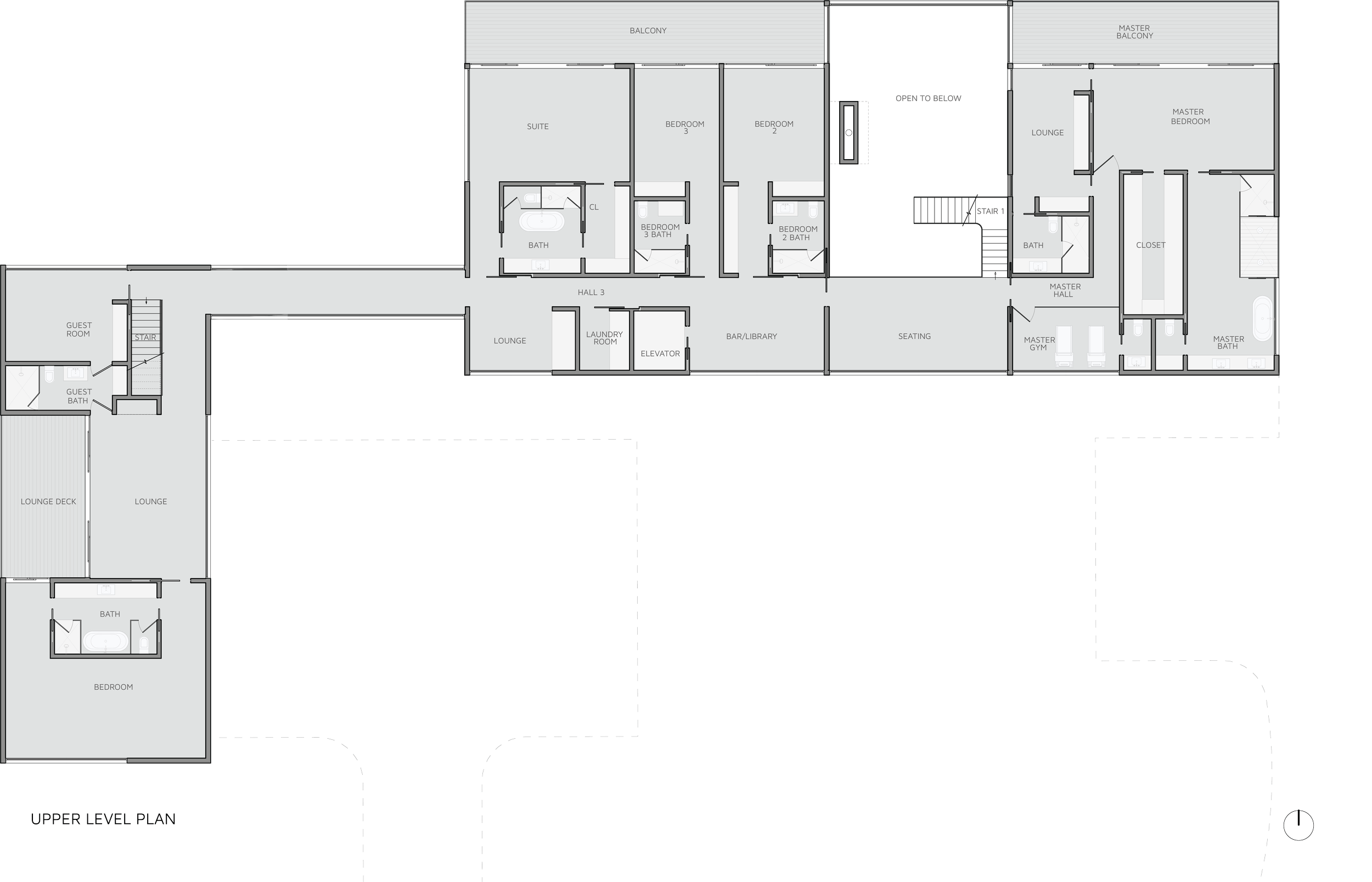 Floor plan of a residential upper level with bedrooms, bathrooms, balconies, lounge, bar/library, seating area, master suite with master bathroom and gym, guest rooms with baths, laundry, elevator, and outdoor lounge deck.
