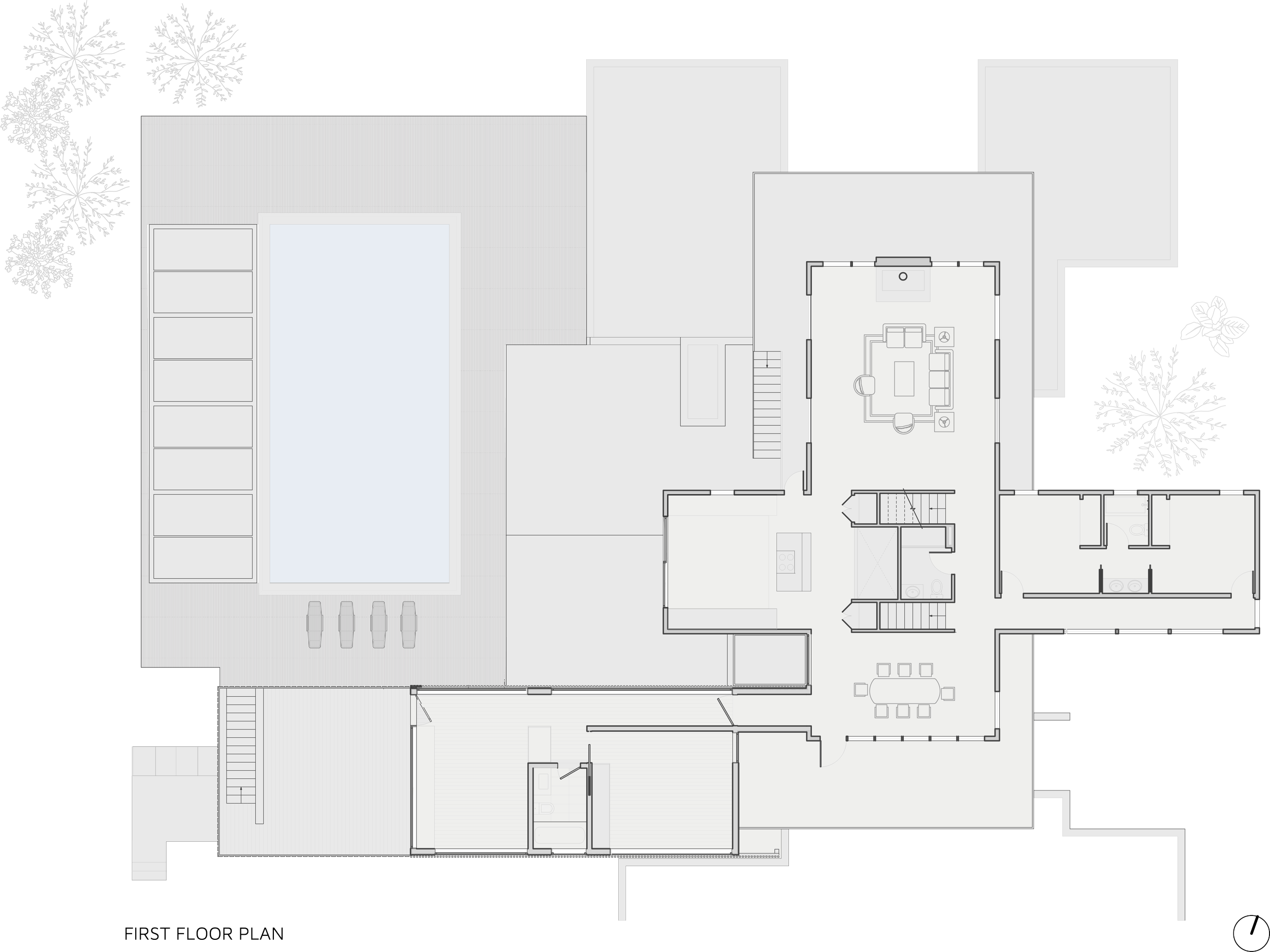 First floor plan of a house showing rooms, staircase, a large outdoor swimming pool with lounge chairs, and decorative snowflake illustrations around the house.