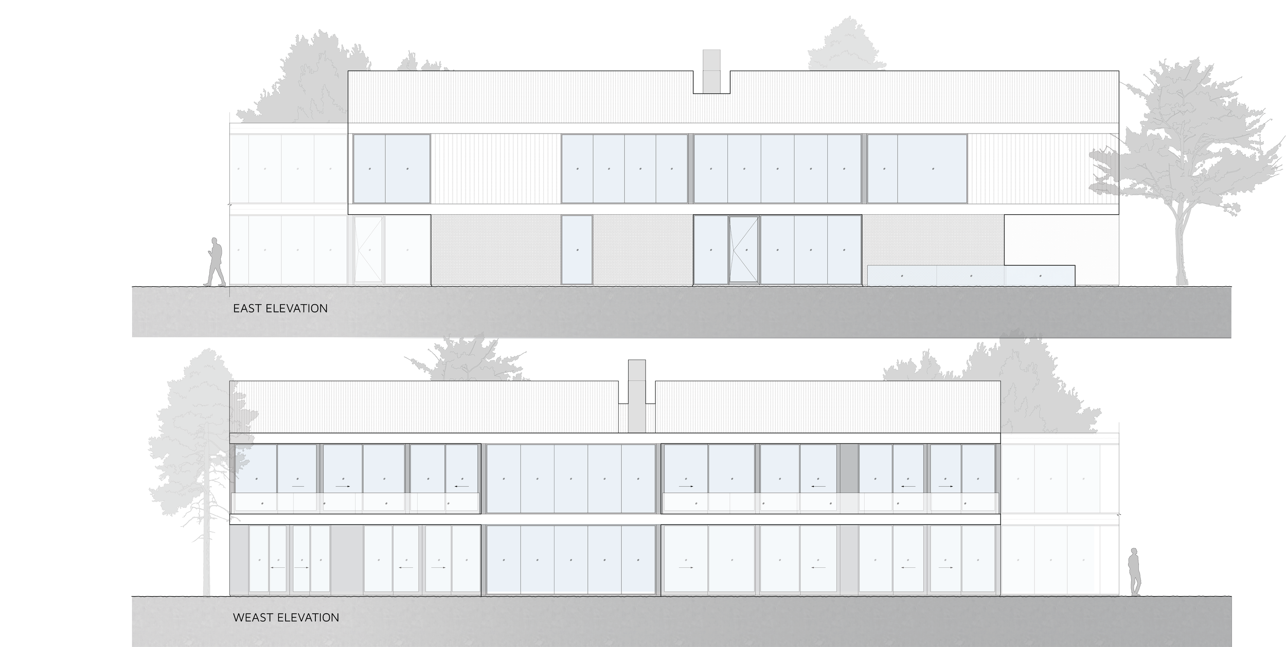 Architectural elevation drawing of a modern building, showing east and west sides with glass windows, trees, and people walking nearby.