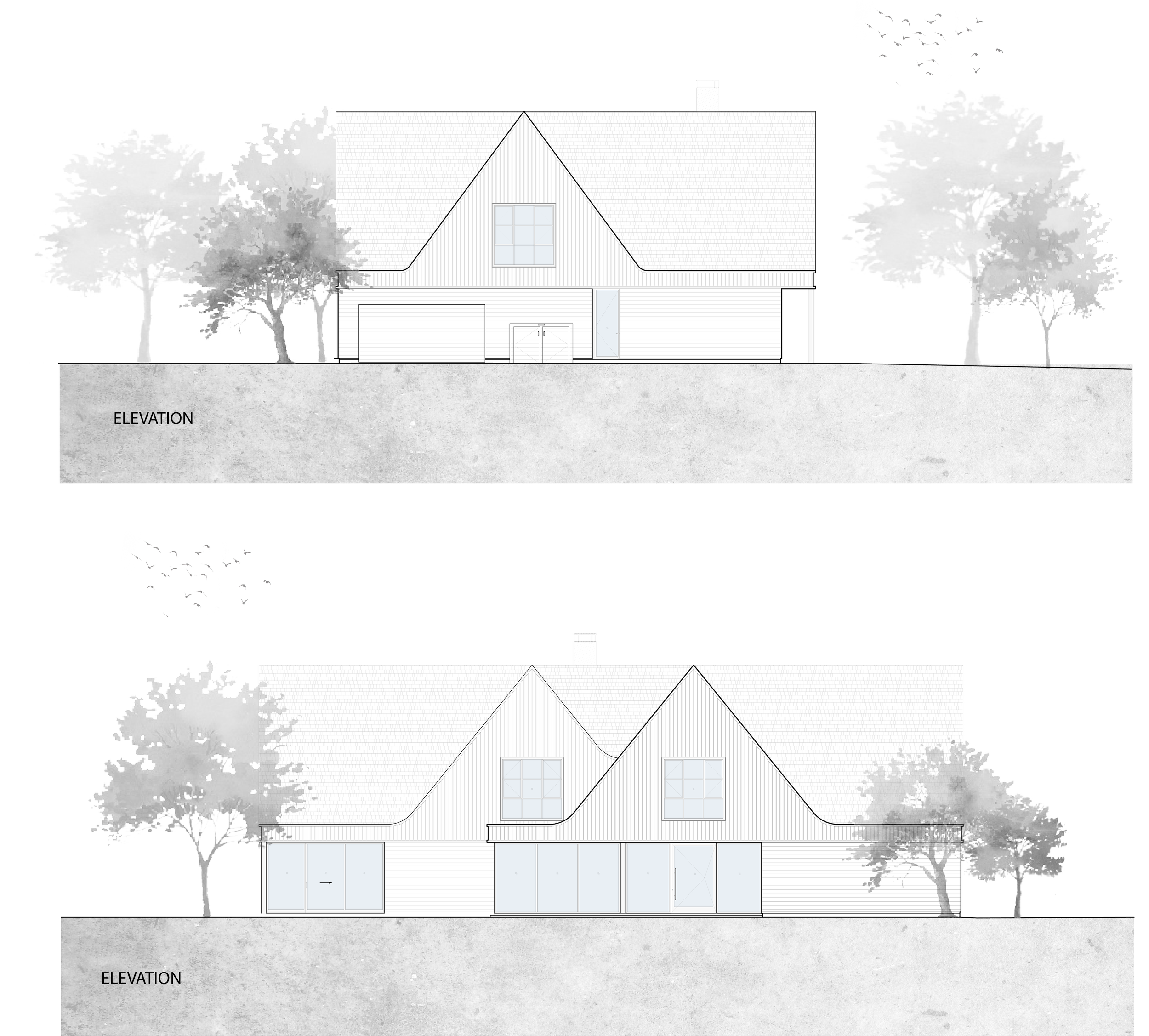 Architectural blueprint of a two-story house with trees on both sides, front and side views, including elevation views labeled 'Elevation', showing exterior details and layout.