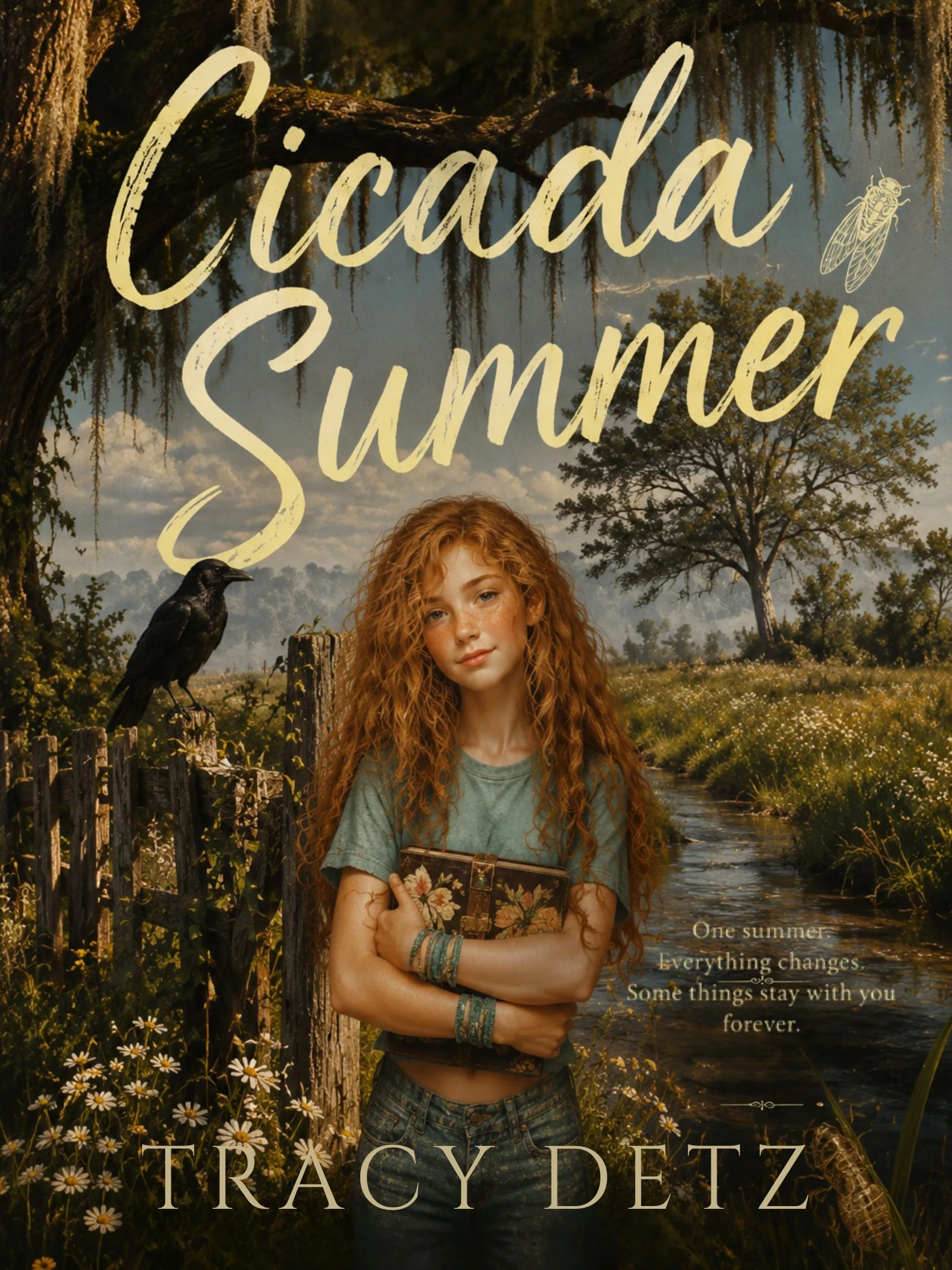 A young girl with curly red hair holds a candy tin close to her chest. She stands by a stream and there is a black raven perched on a rustic fence nearby.