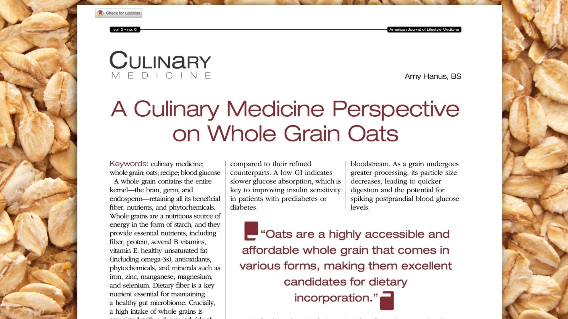 A Culinary Medicine Perspective on Whole Grain Oats