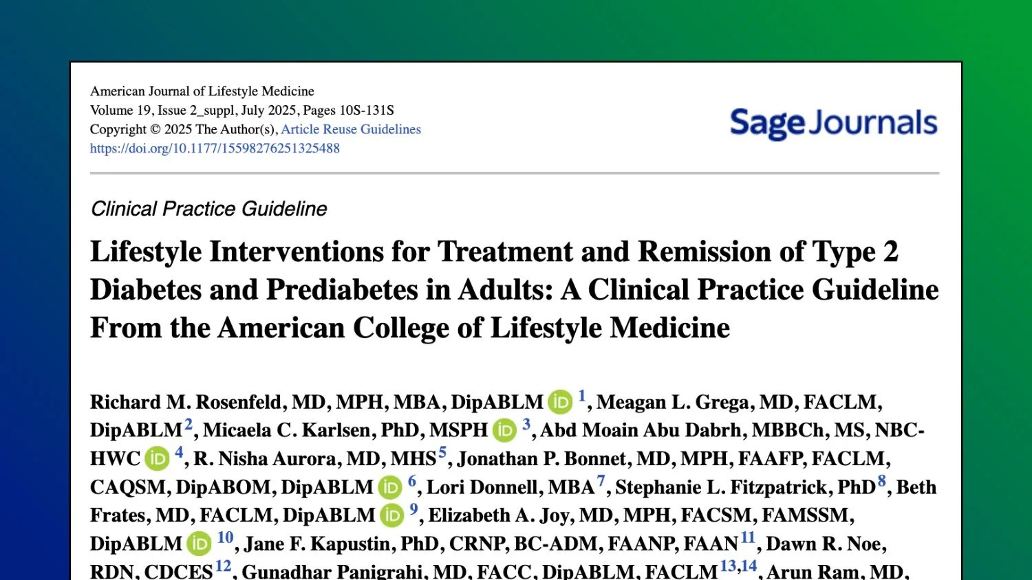 Lifestyle Interventions for Treatment and Remission of Type 2 Diabetes and Prediabetes in Adults: A Clinical Practice Guideline From the American College of Lifestyle Medicine