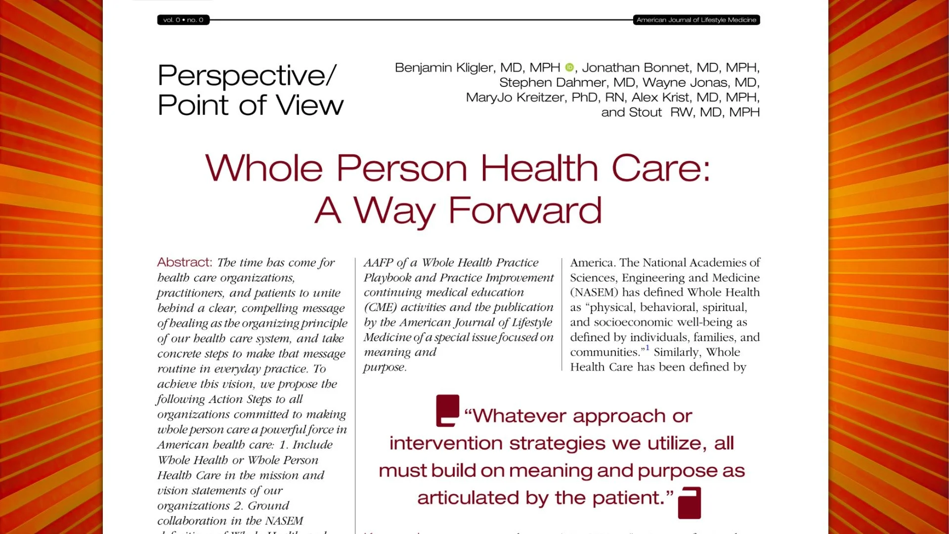 Whole Person Health Care: A Way Forward