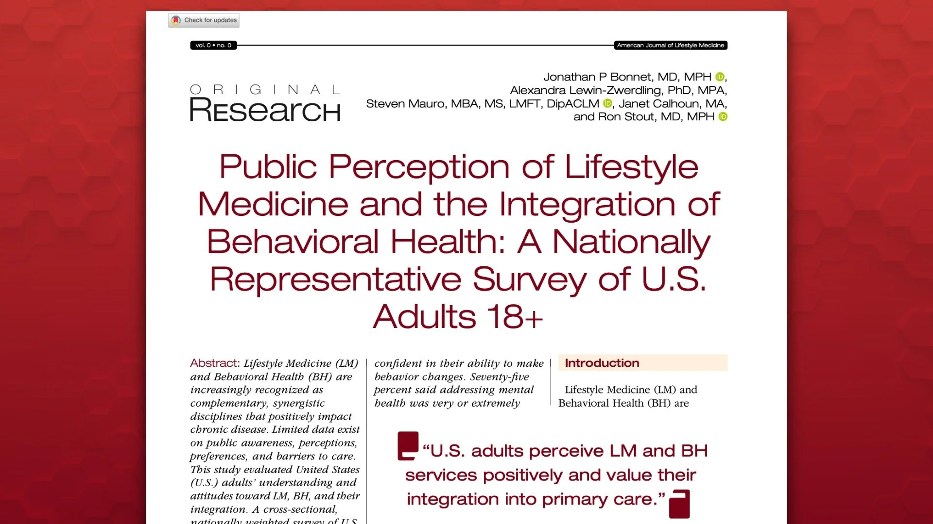 Public Perception of Lifestyle Medicine and the Integration of Behavioral Health: A Nationally Representative Survey of U.S. Adults 18+