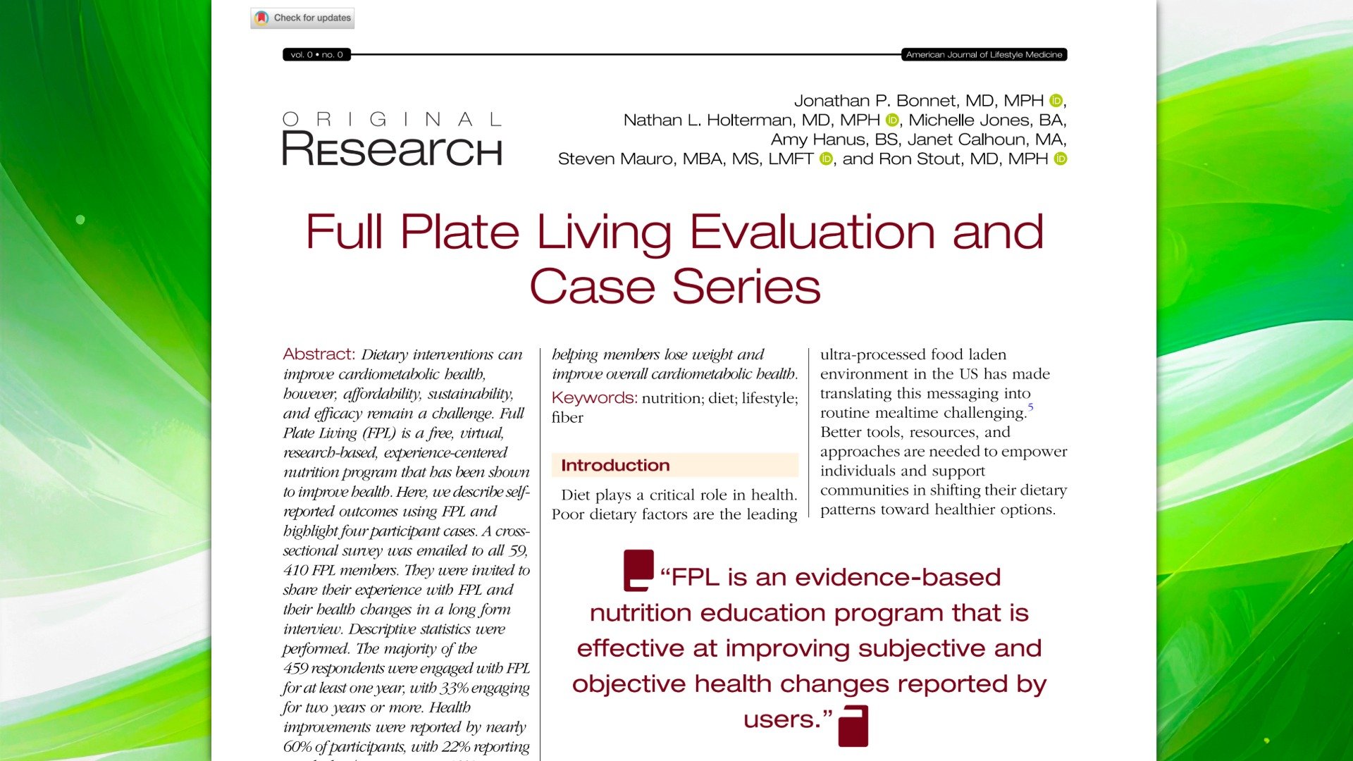 Full Plate Living Evaluation and Case Series
