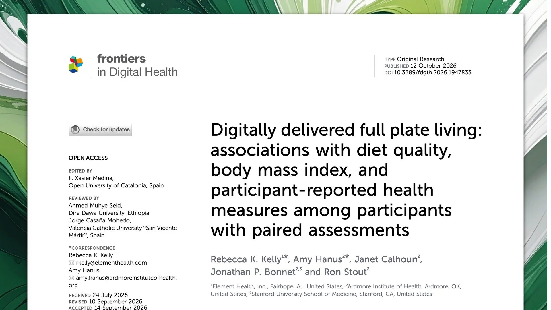 Digitally delivered full plate living: associations with diet quality, body mass index, and participant-reported health measures among participants with paired assessments