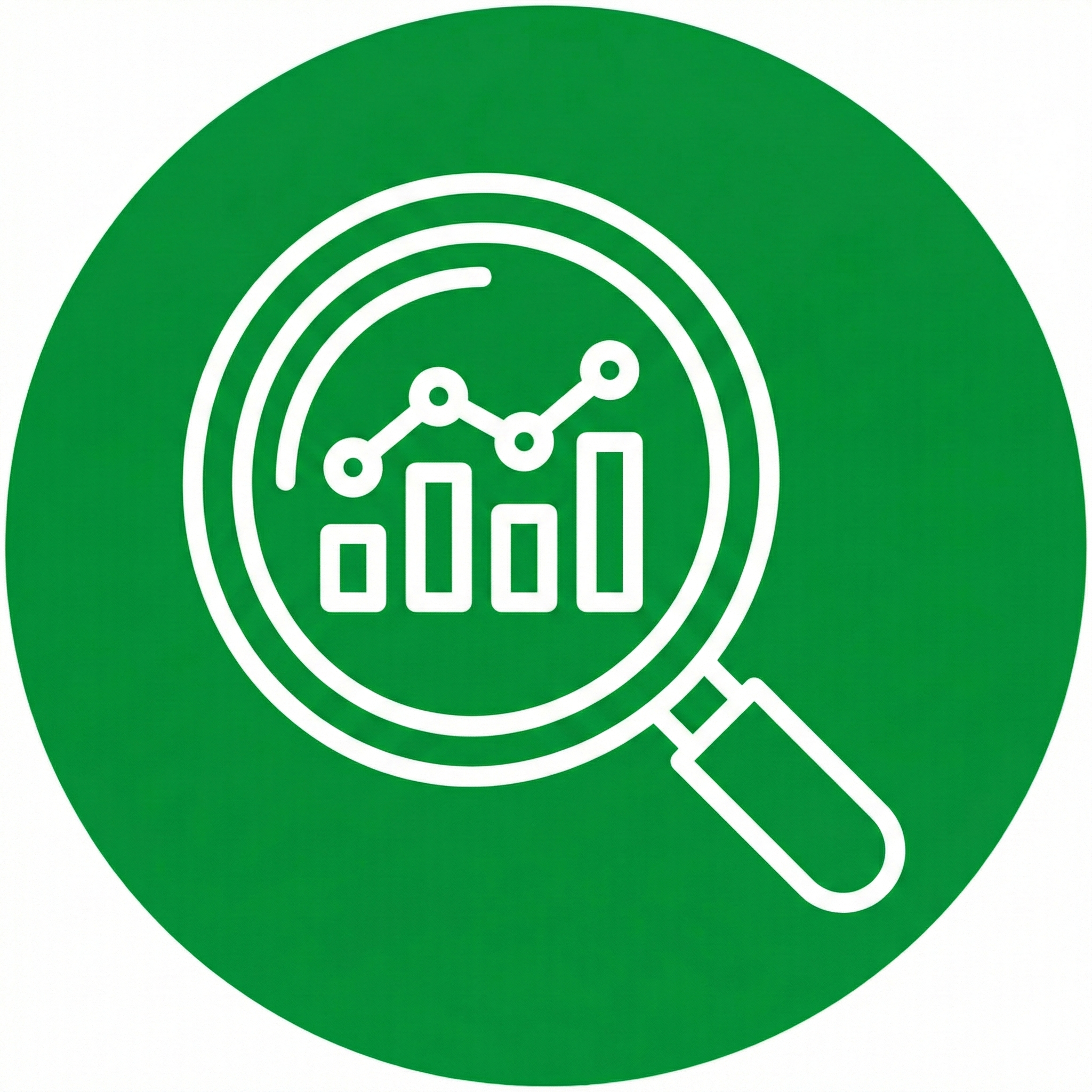 A green circular icon with a white magnifying glass containing a bar graph and a line graph, representing data analysis or statistics.