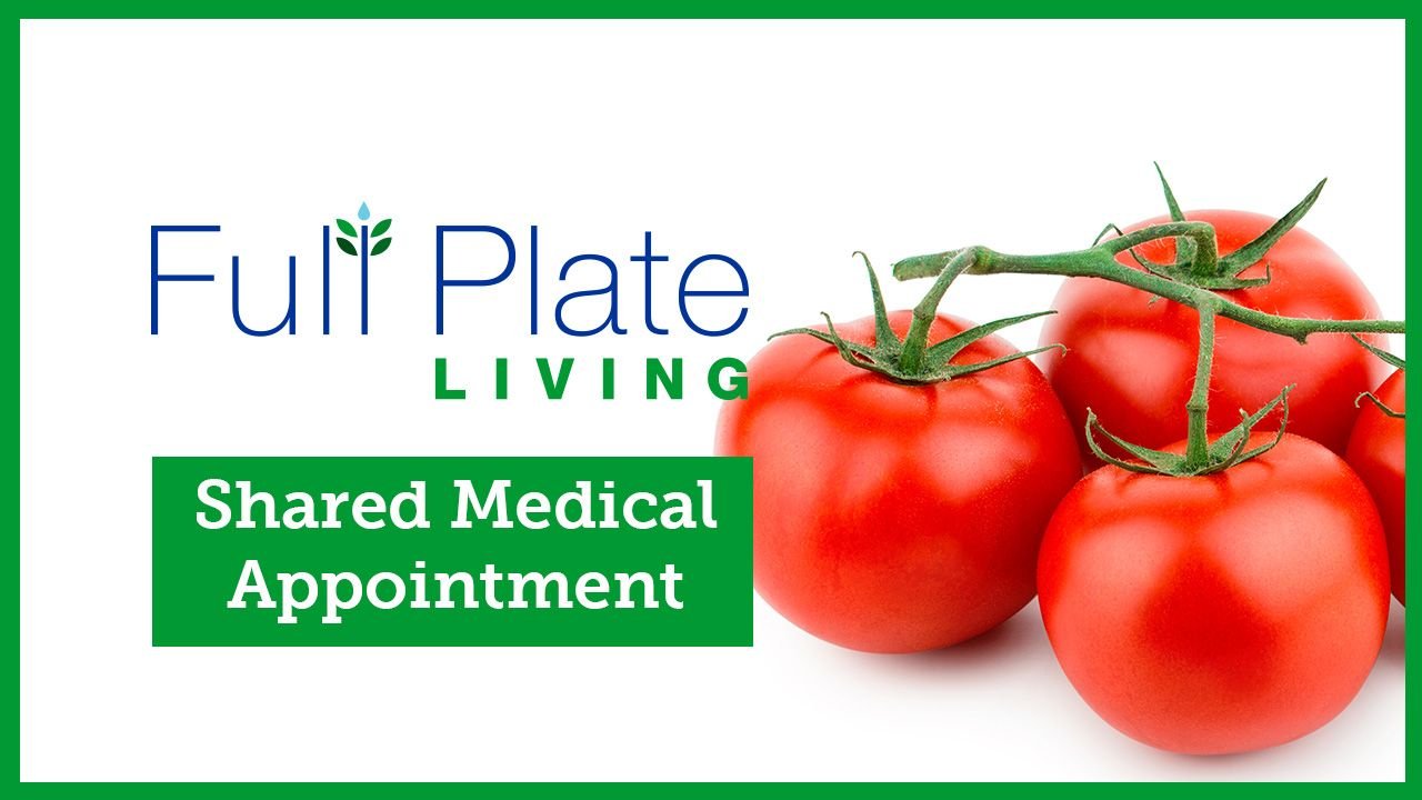Promotional graphic for Full Plate Living featuring a cluster of fresh red tomatoes on the vine with text about shared medical appointments.