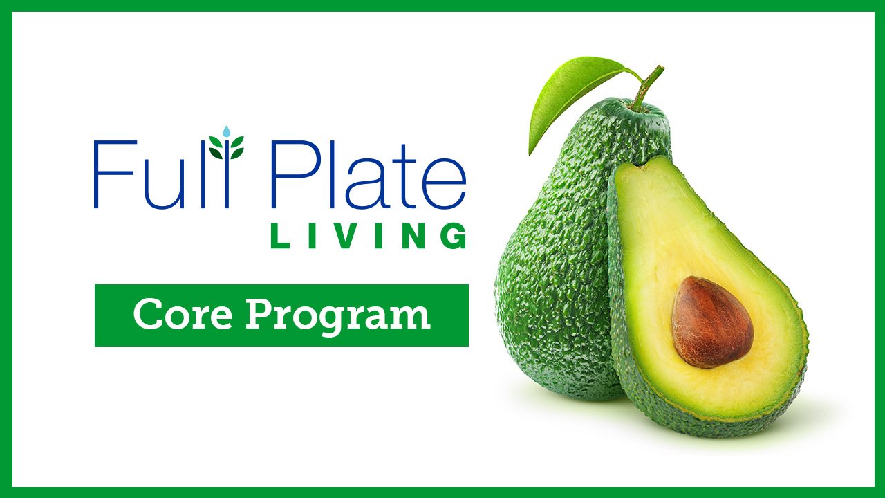 Logo for Full Plate Living Core Program featuring an avocado, whole and sliced in half, on a white background with green accents.