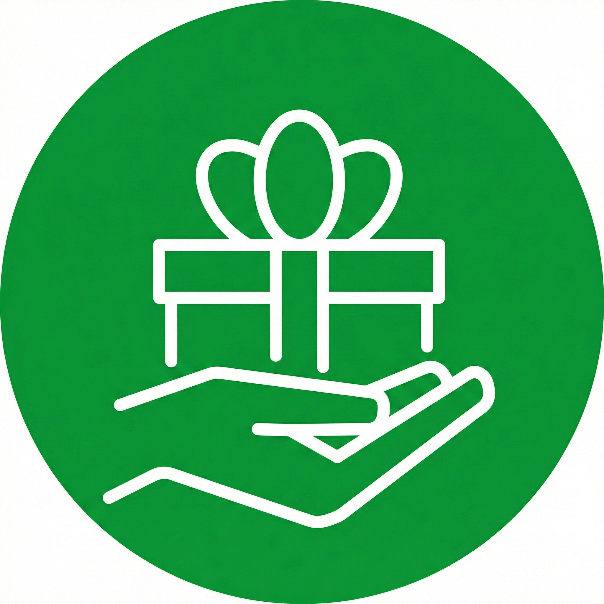 A white outline icon of a hand holding a tray with a wrapped gift box and a bow on top, set against a green circular background.