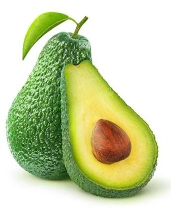 Whole avocado with attached stem and leaf, and a sliced half showing the seed and green flesh.