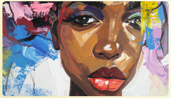 Painted portrait of a woman looking directly at the viewer, surrounded by bold strokes of colour