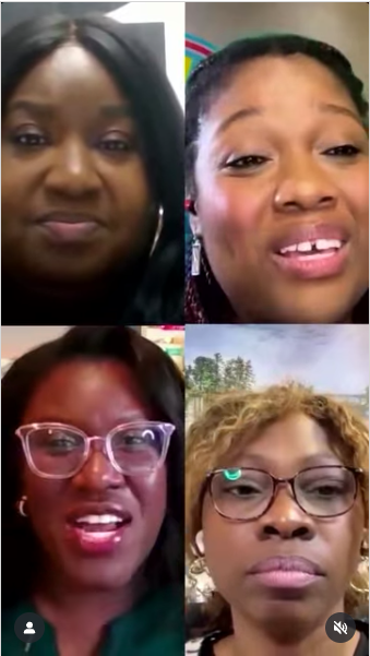 Four women participating in a video call, each in their own frame, with varied backgrounds and expressions.