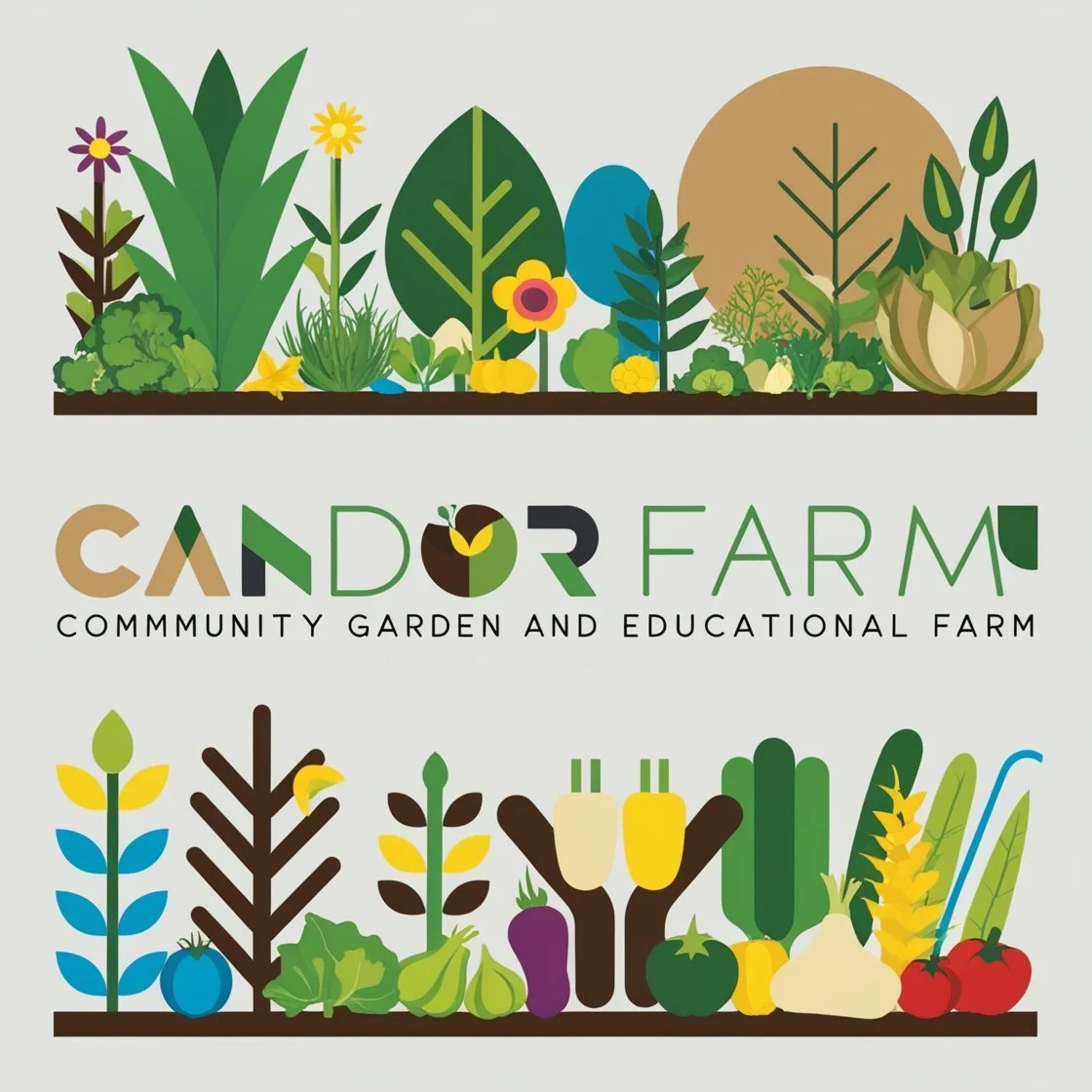 Colorful illustration of plants, vegetables, and flowers with the text "CANDOR FARM Community Garden and Educational Farm."