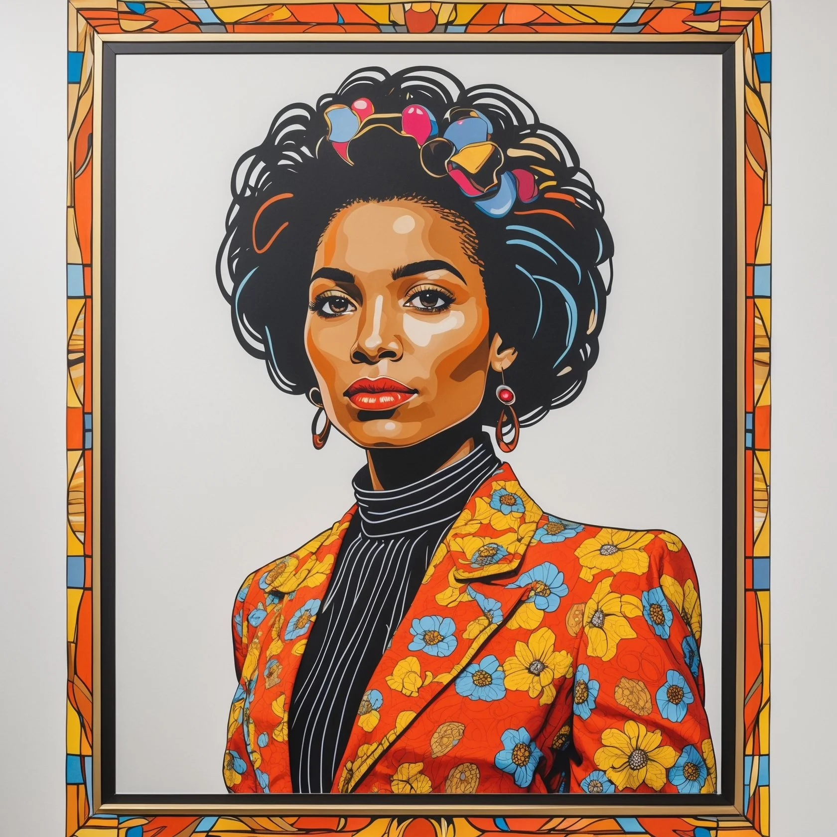 A colorful artwork of a woman with dark, curly hair decorated with flowers, wearing a floral blazer, striped turtleneck, and earrings. The frame has a vibrant mosaic pattern.