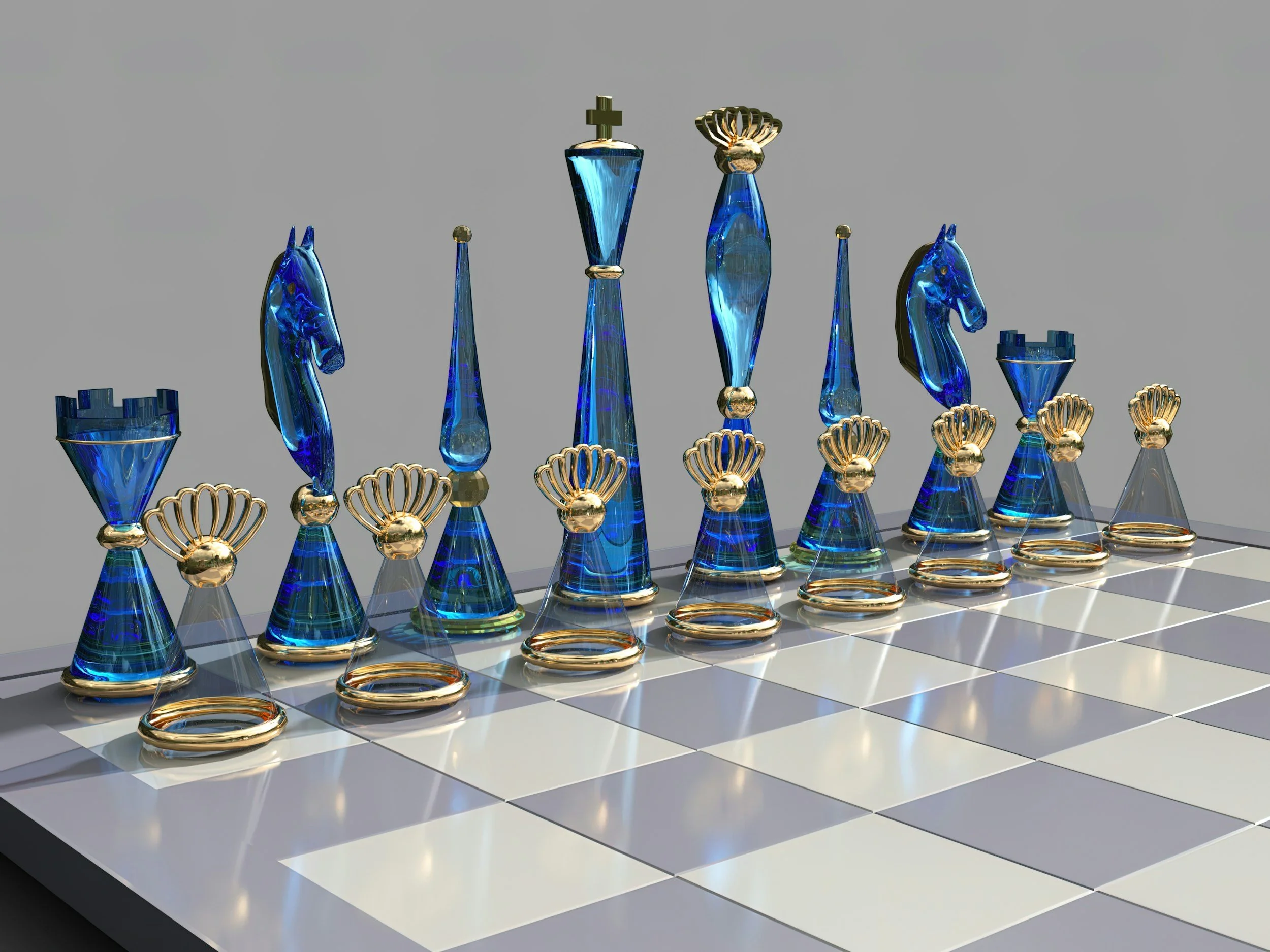 A chess set designed as a royal crown, with blue glass pieces and gold accents. The chess pieces are arranged on a checkerboard.