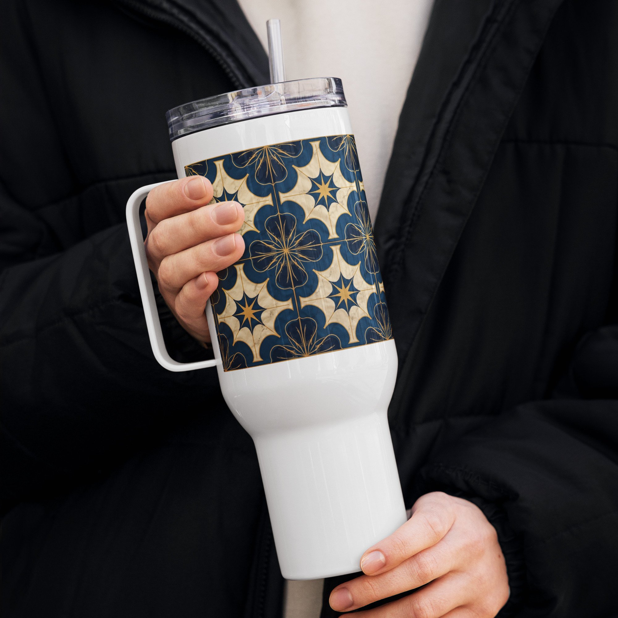 NorthStar Quilt Pattern travel mug with a handle
