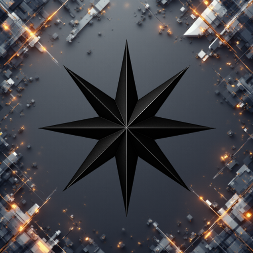 Graphic design with gold and blue elements featuring a compass rose and geometric shapes, with the text 'The Land North-Star' in the center.