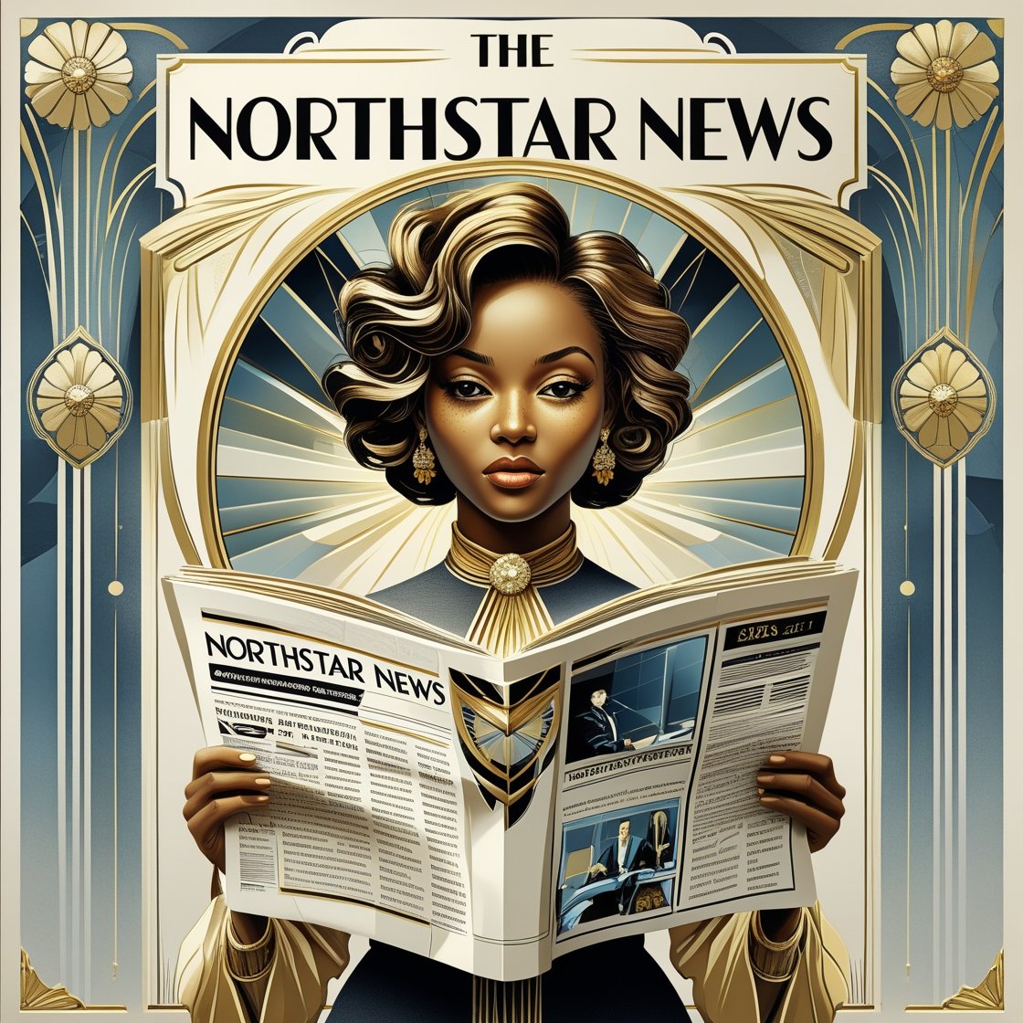 A woman with styled hair, wearing elegant jewelry and clothing, holding a newspaper titled 'Northstar News' in front of her. The background features art deco design elements in gold and blue.