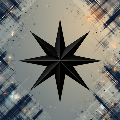 A decorative emblem with a compass design, featuring the text 'The Land Northstar' in the center, set against a background split between beige and dark blue.