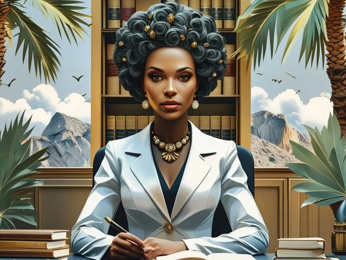 A woman with dark skin and elaborate curly hairstyle decorated with gold ornaments, sitting at a desk in a sophisticated office with large bookshelves behind her. She wears a white blazer, gold earrings, and a statement necklace, holding a pen, with a book open in front of her. The office has large windows revealing mountains, palm trees, and a sky with clouds and birds.