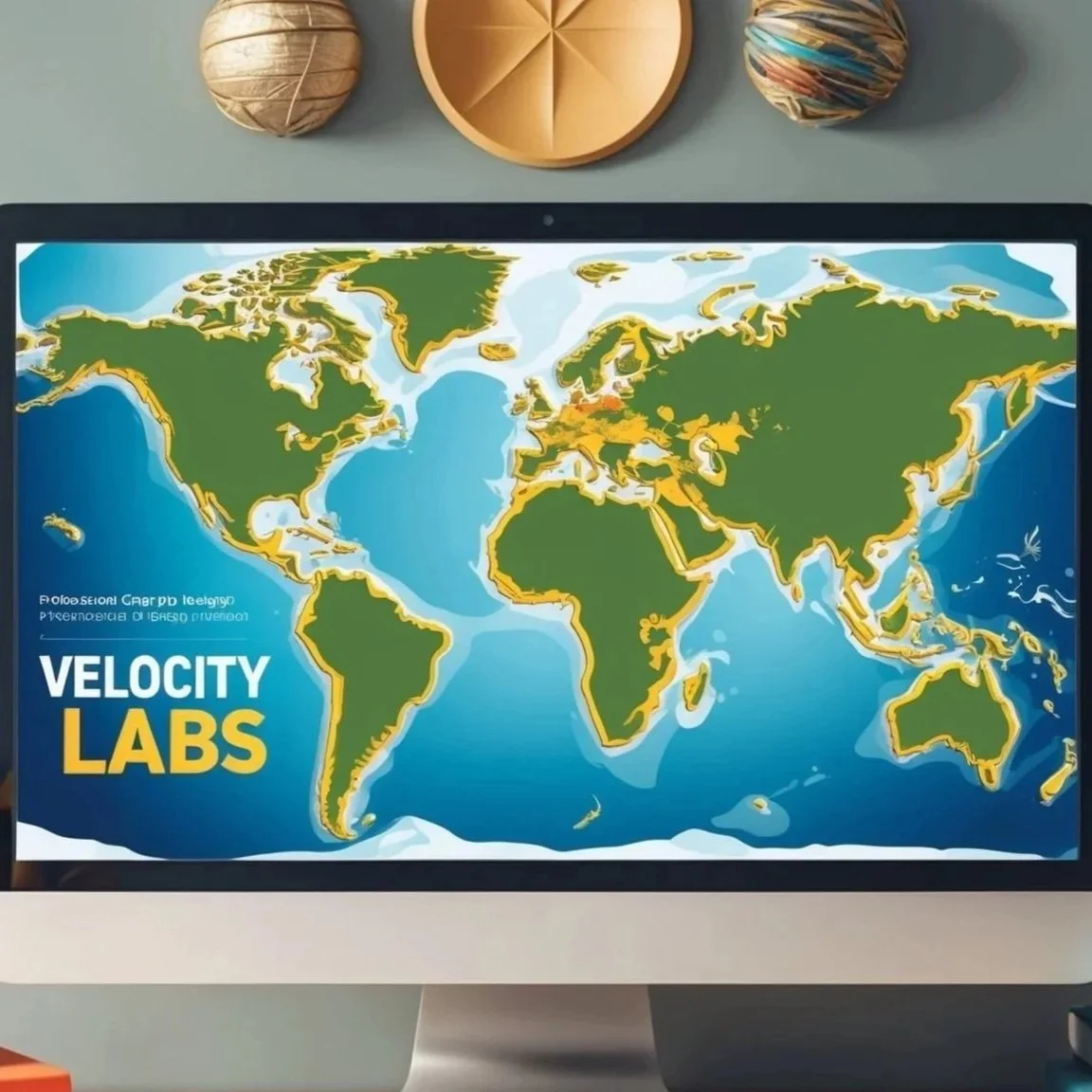Computer monitor displaying a world map with yellow and white countries, labeled with words like 'Velocity Labs,' 'Fast Learning,' and 'Learning,' on a wooden desk with books, a keyboard, mouse, and blue decor in the background.