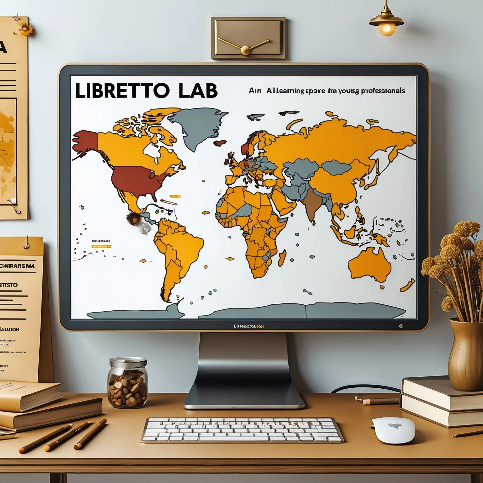 A world map on a computer monitor with 