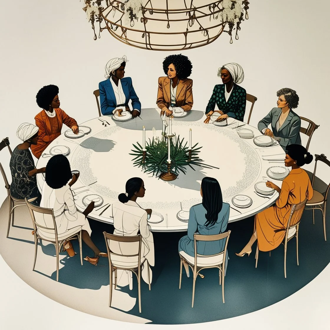 Illustration of eleven women sitting around a round dinner table with a chandelier overhead, featuring a central floral centerpiece with candles.