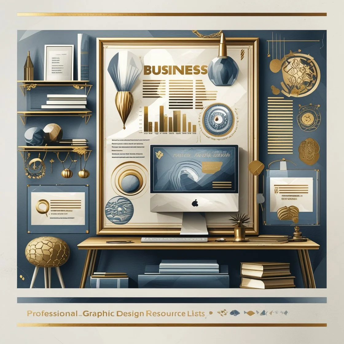 Decorative workspace with blue and gold accents, featuring a computer monitor, shelf with books, framed charts, and various gold and blue decorative objects.