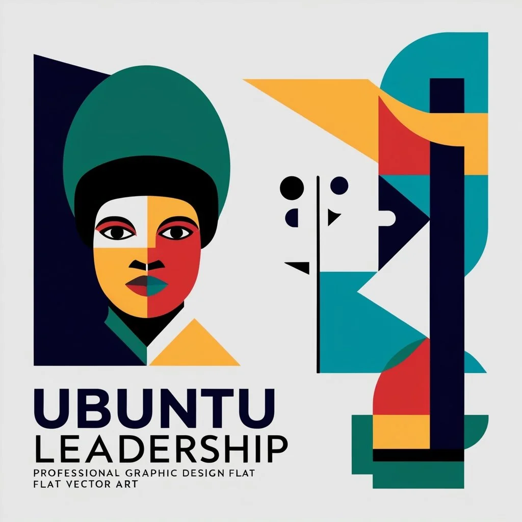 A colorful abstract digital artwork featuring a stylized woman with a large green hat and bold facial features. The image includes geometric shapes and vibrant colors with the text 'UBUNTU LEADERSHIP' and additional descriptive text about graphic design and art.