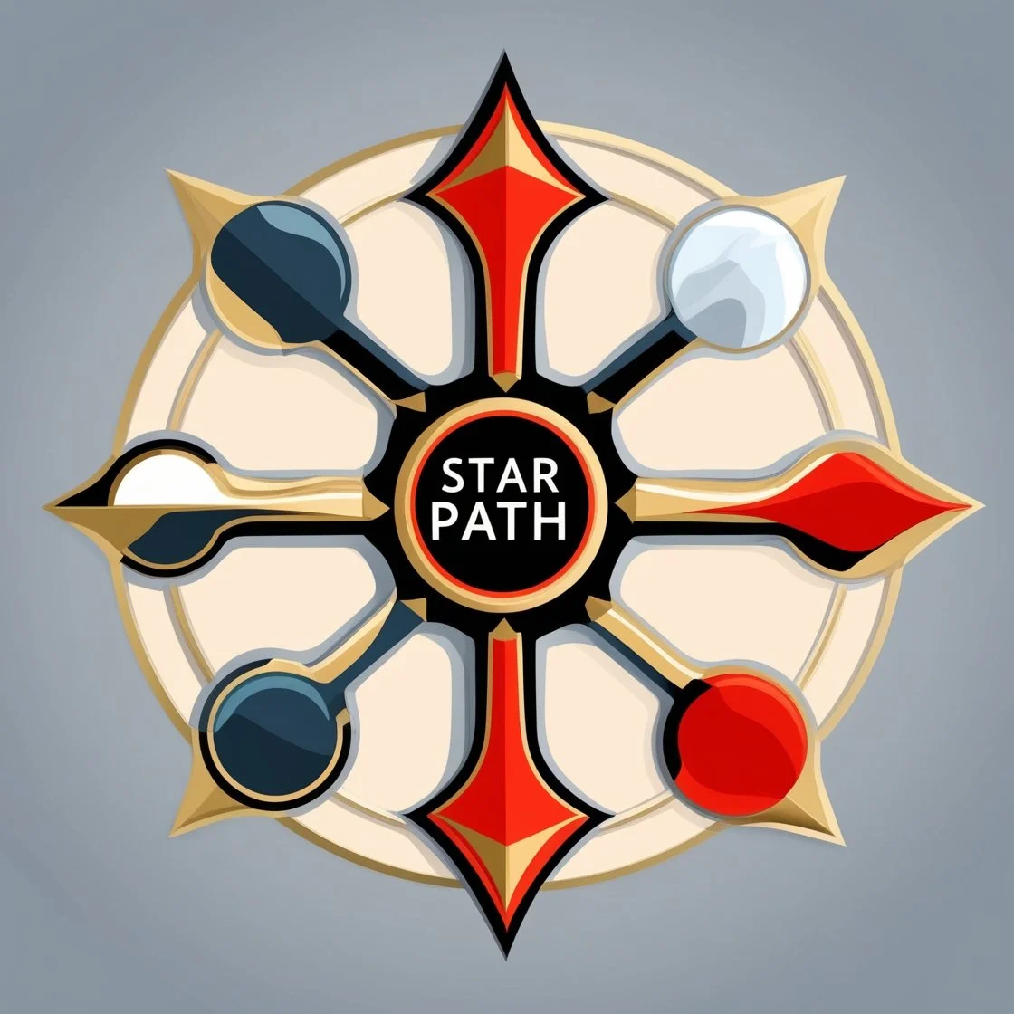 A colorful star-shaped game board with six connected circles, each containing a different colored marble or sphere, surrounding a central circle with the words 'Star Path' on it.