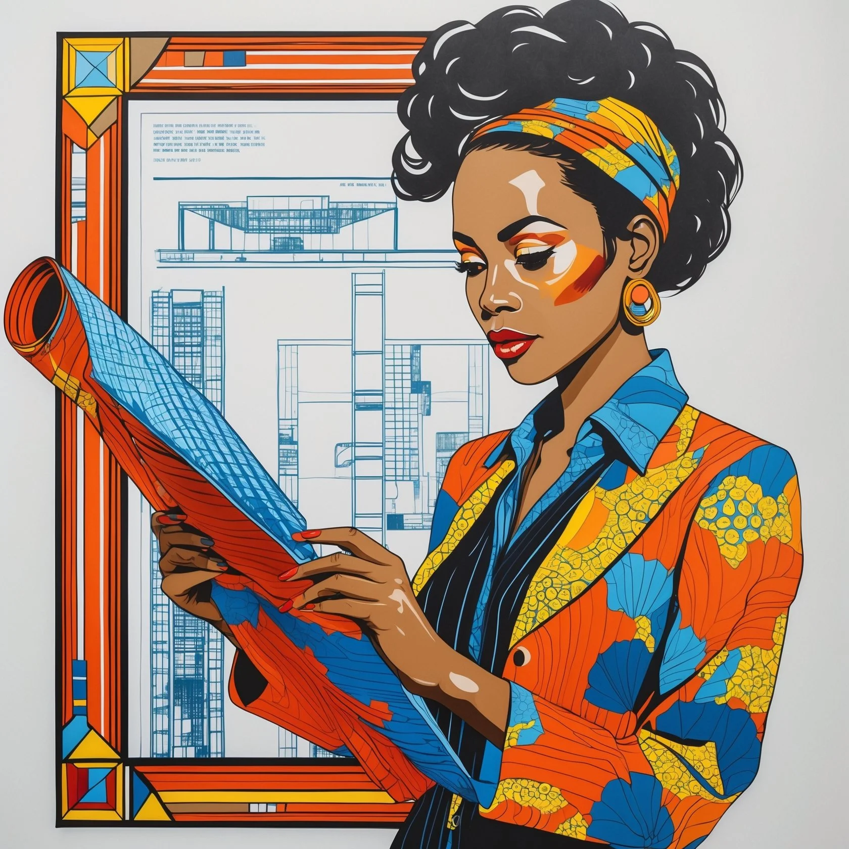 An illustrated woman with black curly hair, wearing a colorful headscarf, reading a rolled-up blueprint in front of a framed architectural blueprint of a modern building.