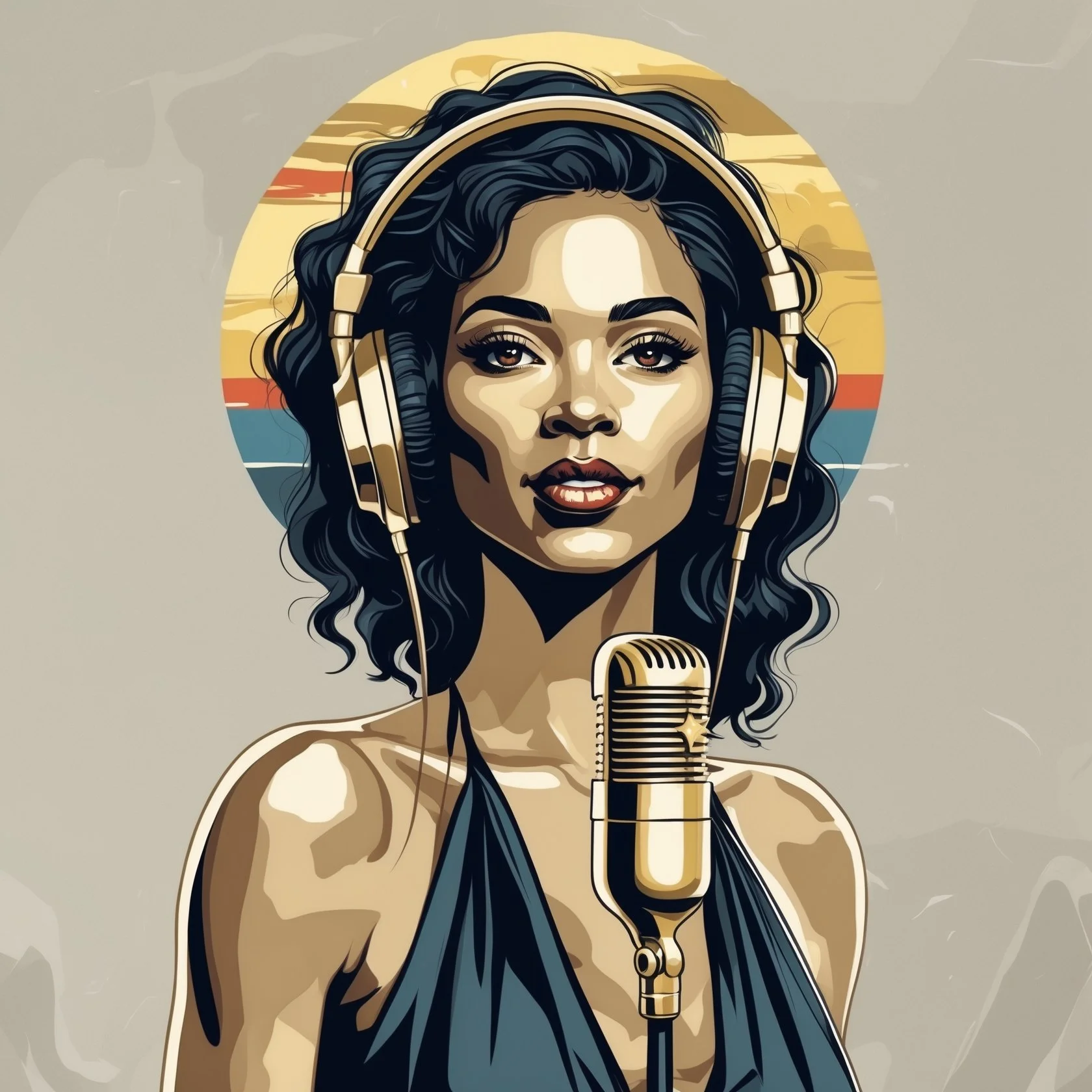 Digital illustration of a woman with curly hair wearing headphones, holding a vintage microphone, with a sunset background.