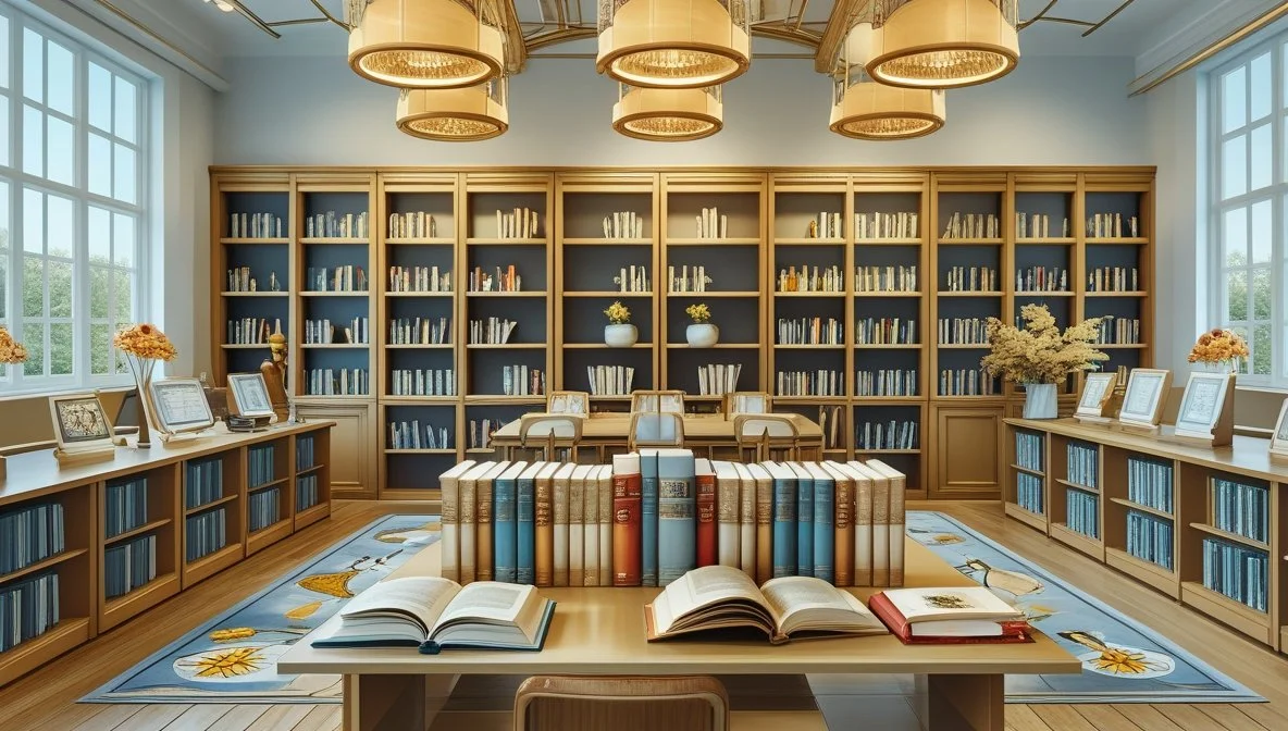 A well-lit library room with tall windows, wooden bookshelves filled with books, and decorative plants. A large table in the center displays open books, surrounded by framed photos and vases with flowers. The room has a cozy and organized atmosphere.