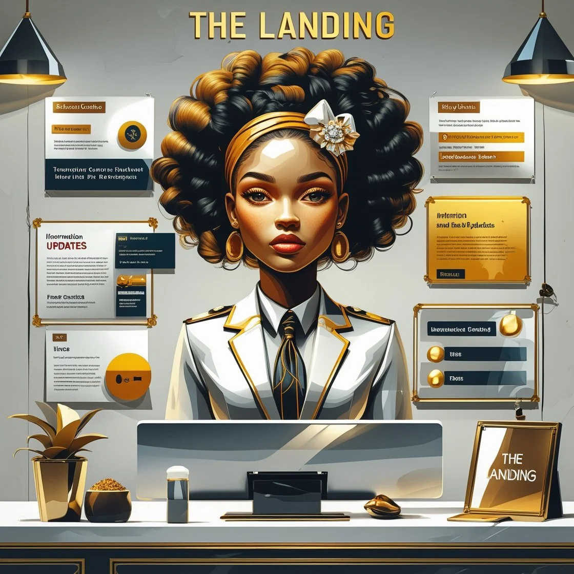 A stylized computer-generated portrait of a woman with elaborate afro hairstyle, gold accessories, and a white suit with gold accents, in an office or reception area with informational posters and a desk.