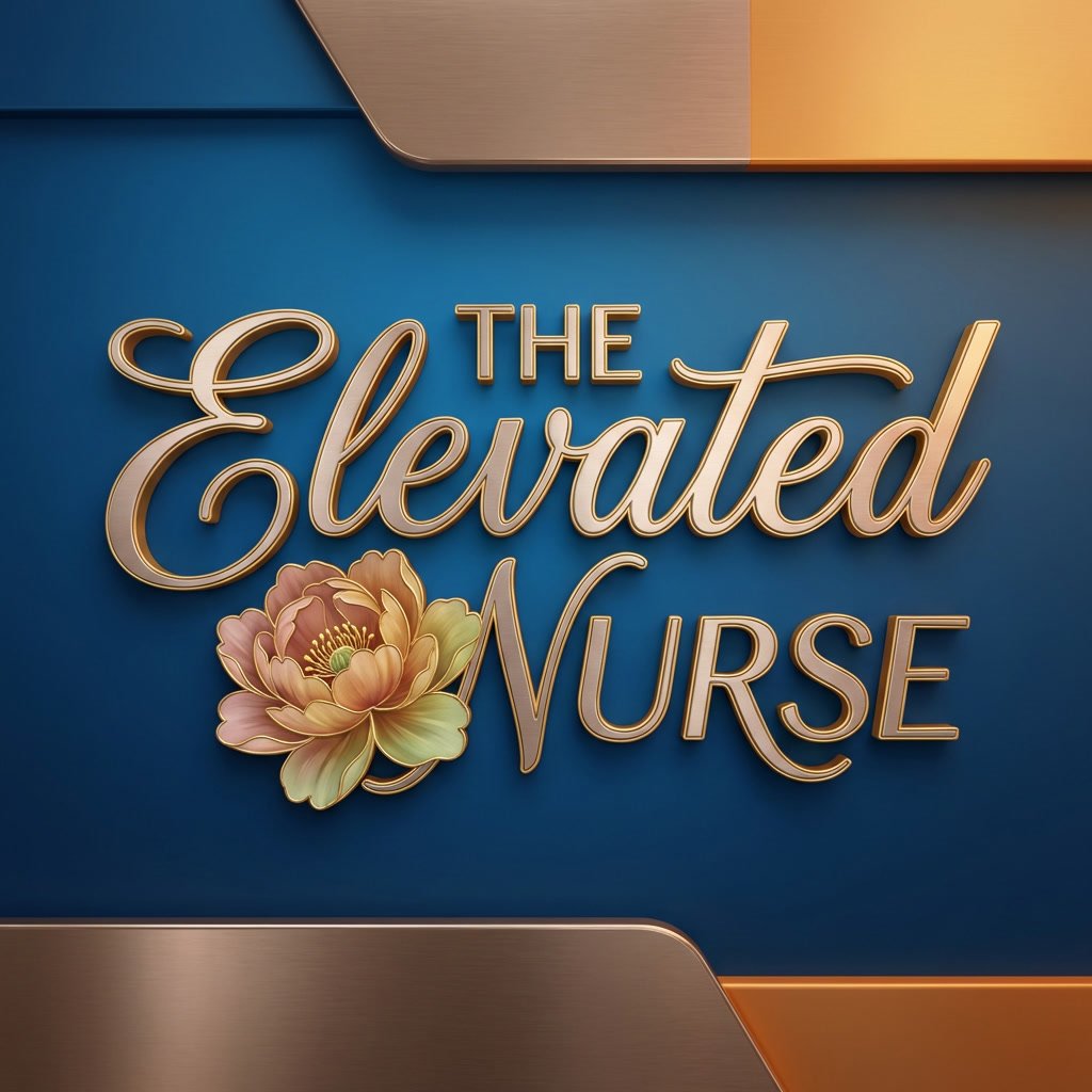 Decorative sign reading 'The Elevated Nurse' with a flower illustration on a blue wall.