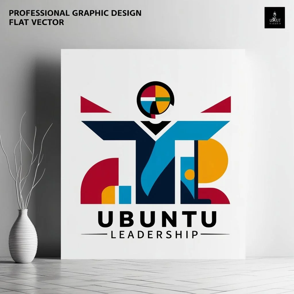 A poster featuring abstract geometric shapes forming a human figure with outstretched arms, with the text 'Ubuntu Leadership' and a small logo at the top right corner.