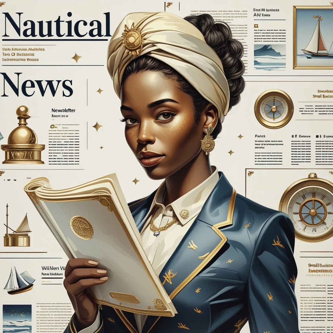 A digitally illustrated woman with dark skin, wearing a cream headwrap with a gold brooch, a navy blue blazer with gold accents, and gold jewelry, holding an open book with gold details. The background features nautical-themed graphics and text, including a ship, clock, and newspaper elements.