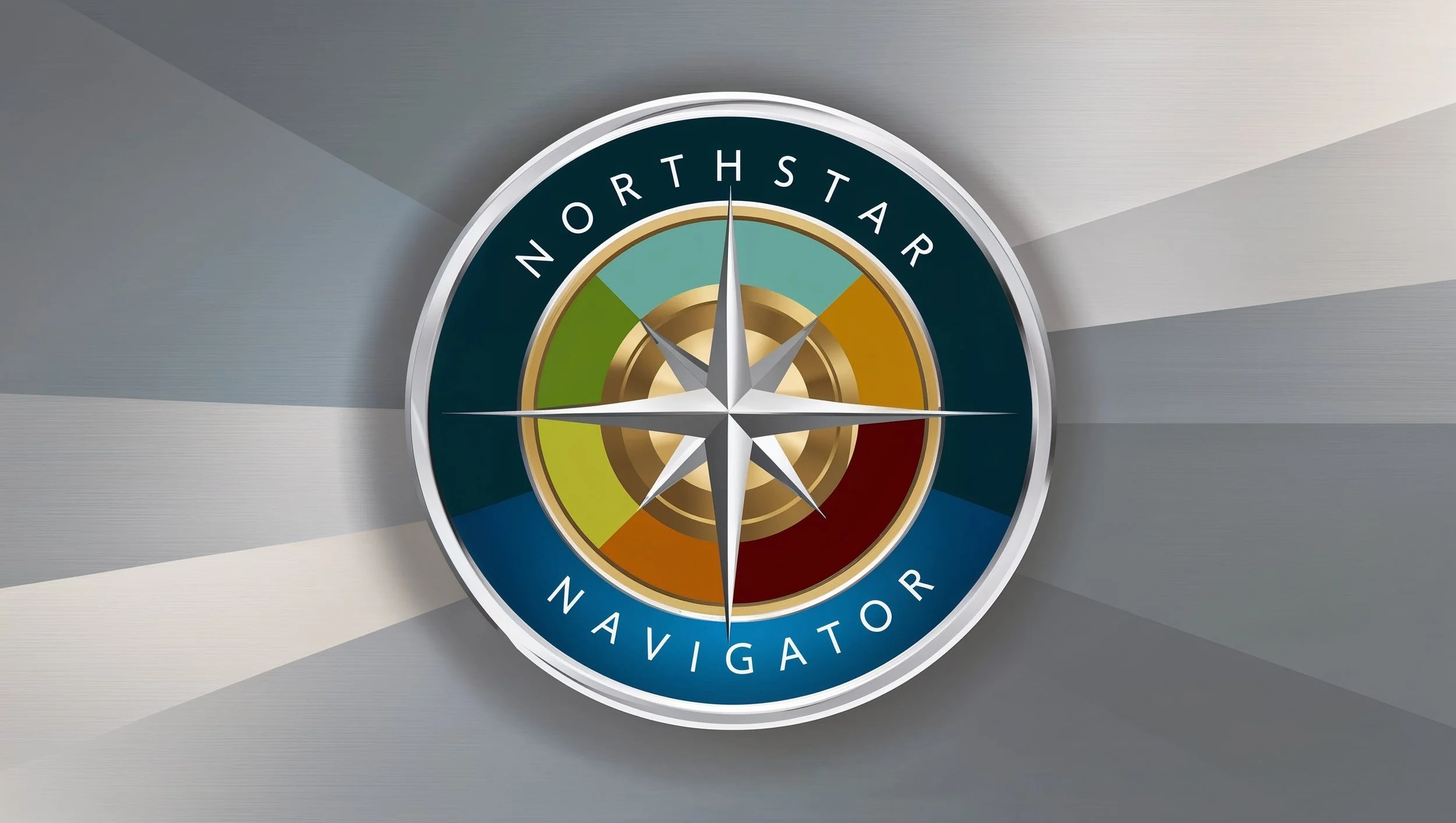 A decorative navigation compass with the words 'Northstar Navigator' around the circle, and colorful segments inside, featuring a silver and gold design on a grey background.