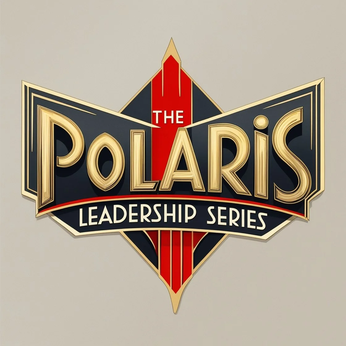 Ornate emblem with a gold and silver design featuring a central vertical element and symmetrical curved wings on a dark blue background.