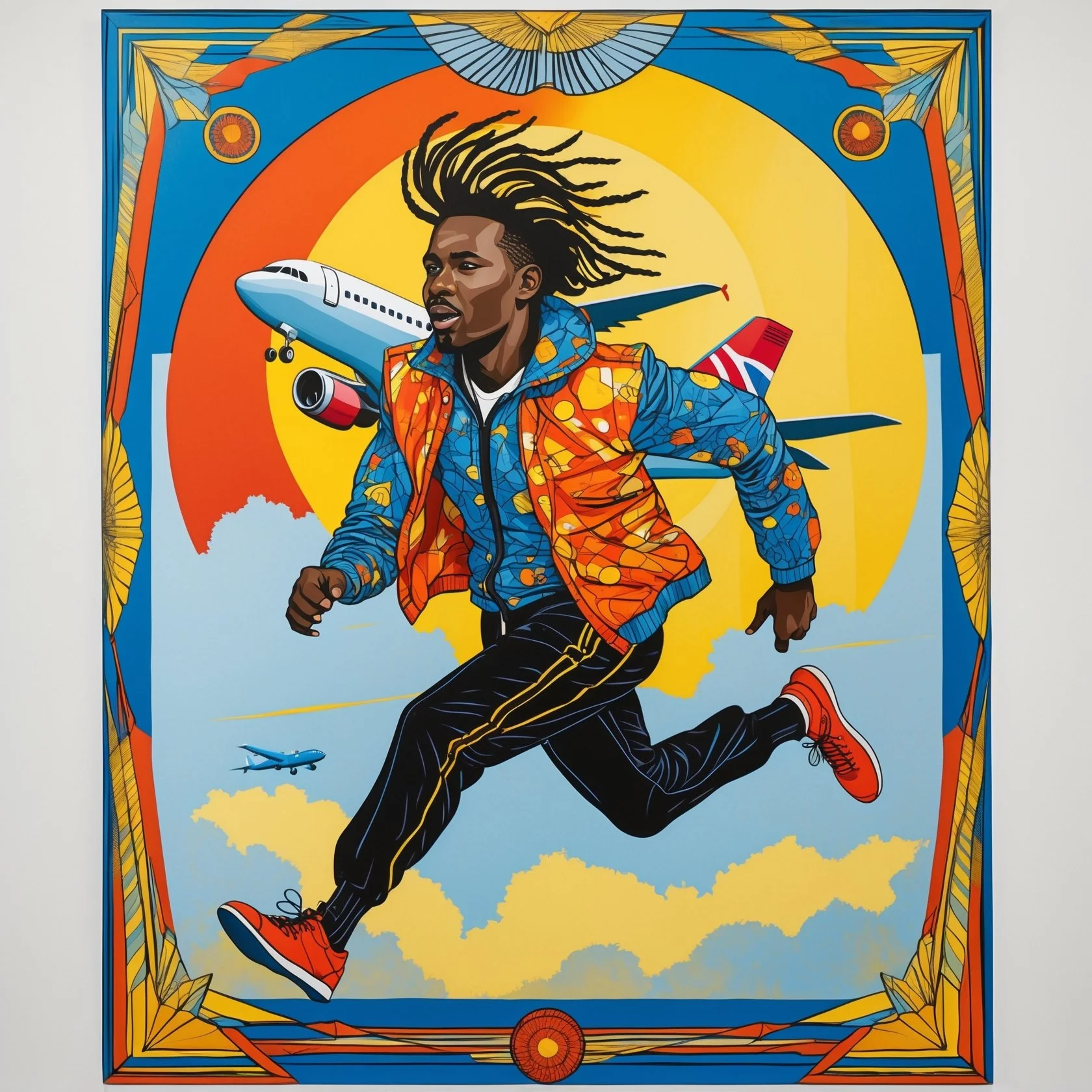 A vibrant, colorful illustration of a man with dreadlocks running in front of an airplane, with a bright yellow and orange background, surrounded by decorative frame elements.