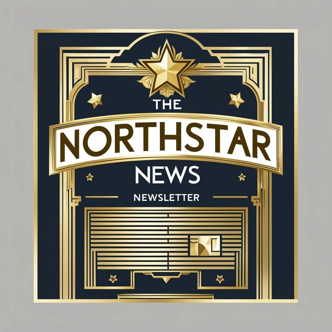 Cover of The Northstar News newsletter with gold, black, and white Art Deco design featuring stars and a large gold star at the top.