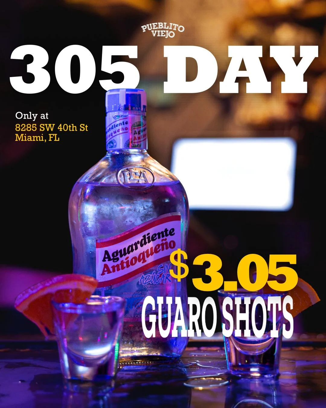 Estamos celebrando 305 Day de la &uacute;nica forma que sabemos: con muchos tragos! Ven a Pueblito Viejo Miami jueves, Marzo 5 para $3.05 shots de Guaro y $5 margaritas, vino y cerveza! 

Nos vemos! 🌴🍻✨
