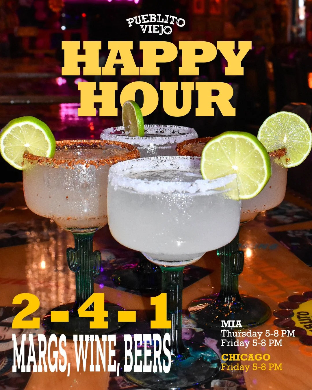 El mejor Happy Hour ha llegado a Miami y a Chicago! Estan listos para compartir con nosotros esta semana? 🍸⁠
⁠
📍Pueblito Viejo Miami: cada jueves y viernes de 5-8 pm⁠
📍Pueblito Viejo Chicago: cada viernes de 4-8 pm