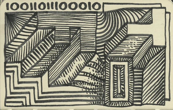 Antique Dramas- pen and ink on moleskine paper, 3.5in x 5.5in, 9cm x 14cm.