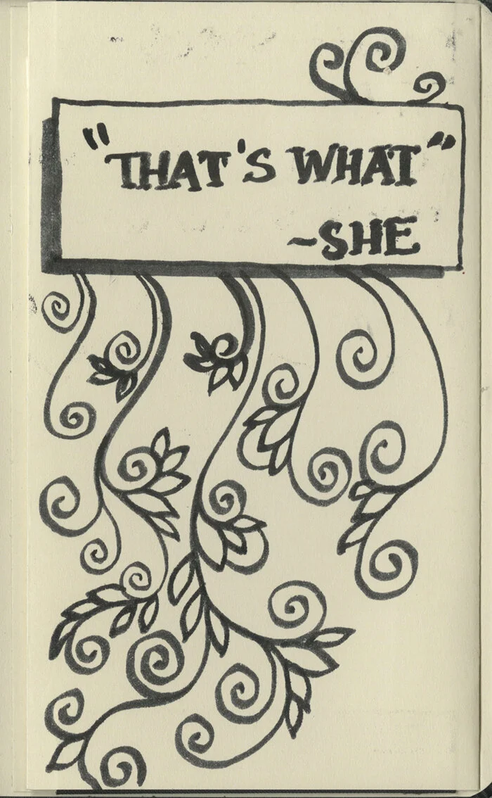 What She Said - pen and ink on moleskine paper, 3.5in x 5.5in, 9cm x 14cm.
