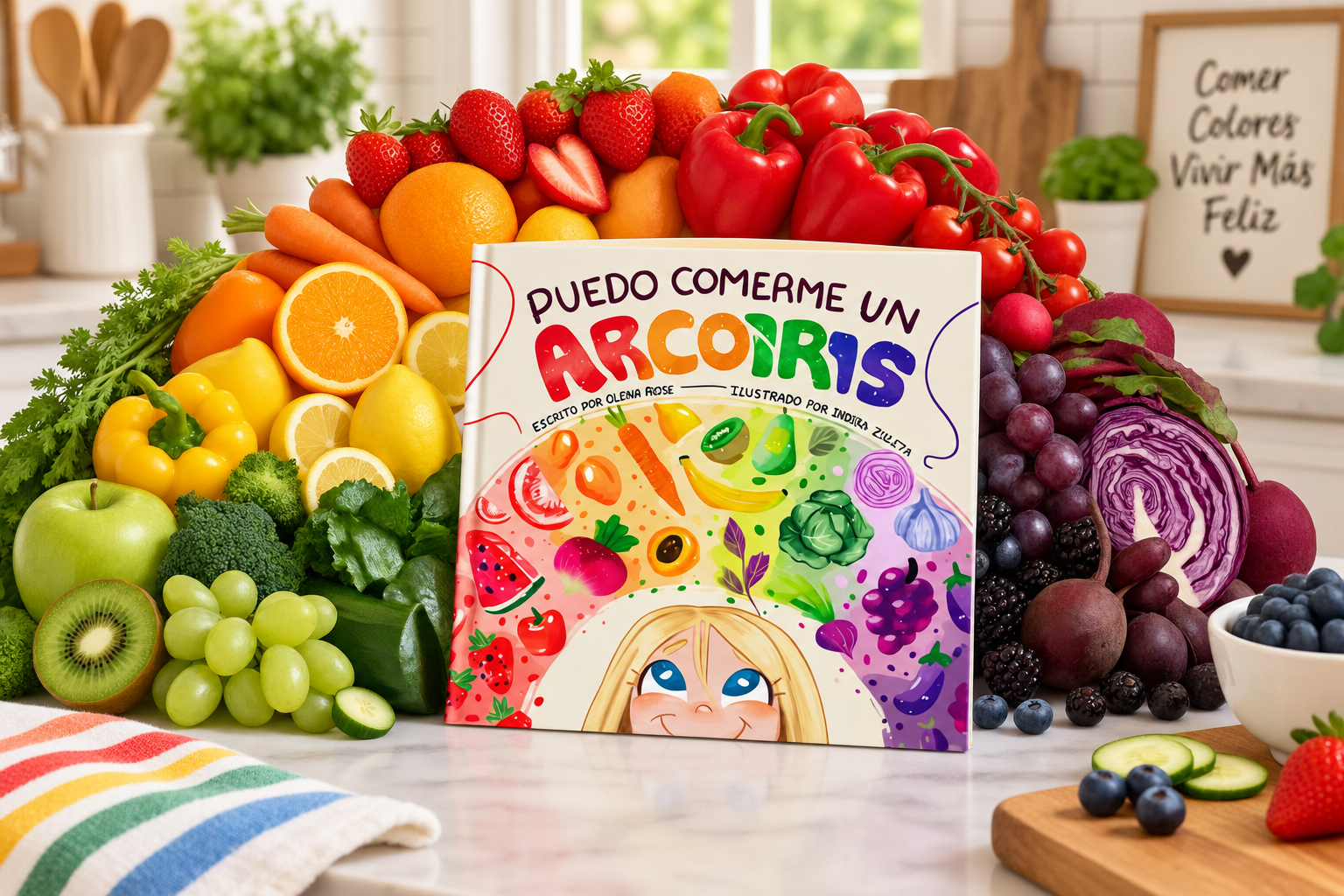 Colorful assortment of fresh fruits around a children's book titled 'Puedo comerme un arcoiris' with illustrations of various colorful vegetables and a smiling girl on the cover, on a kitchen countertop.