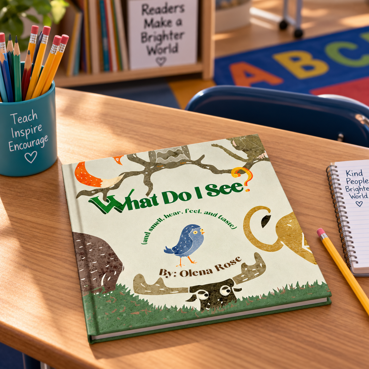 A children's book titled 'What Do I See?' by Olena Rose resting on a wooden desk. Nearby are a yellow pencil with a pink eraser, a spiral notebook with handwritten notes, and a blue cup filled with colored pencils. In the background, there is a books