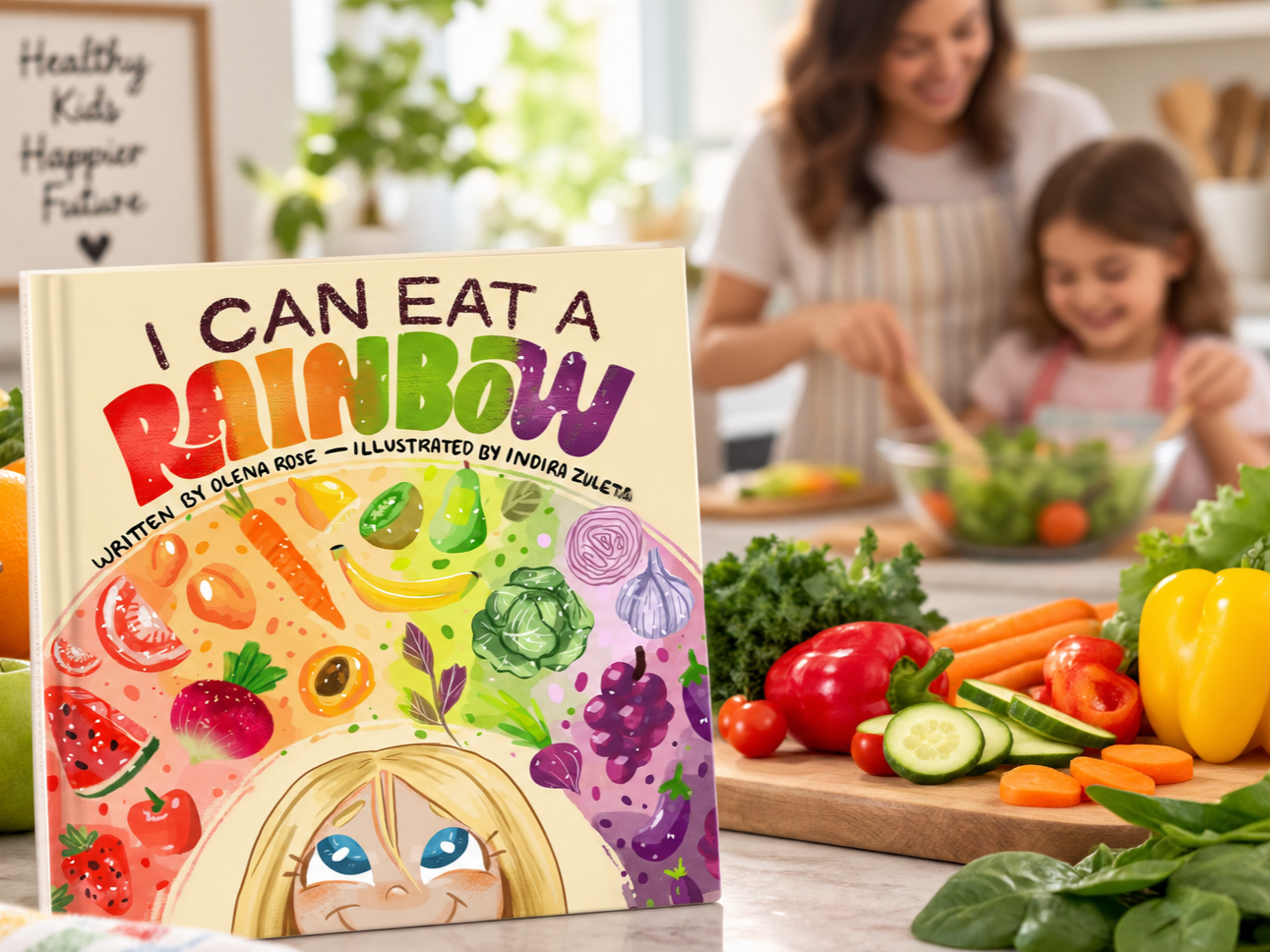 A colorful children's cookbook titled 'I Can Eat a Rainbow' by Olena Rose, with illustrations of various fruits and vegetables, in a kitchen with a mother and daughter preparing a salad surrounded by fresh produce.